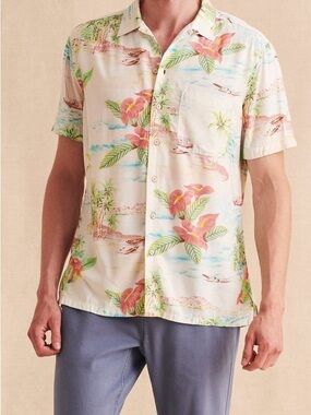 Faherty Kona Camp Shirt Tropical Breeze Ecovero Rayon Hawaiian Coconut Buttons L
